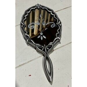 Vintage Silver Plated Vanity Hand Held Mirror 9.75” Heavy Floral Scroll